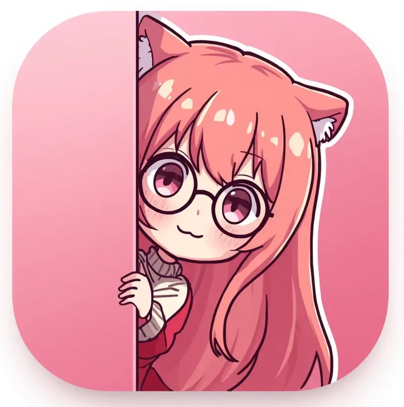 cute anime girl with cat ears and glasses peeking from wall pink background