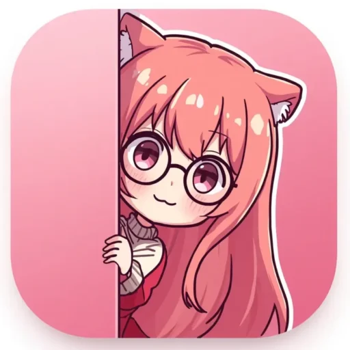 cute anime girl with cat ears and glasses peeking from wall pink background
