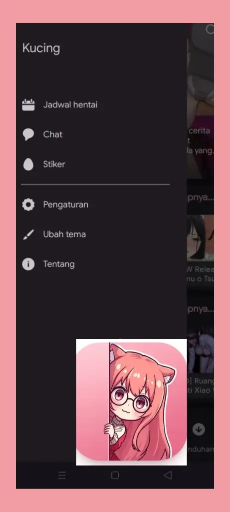 Kucing Apk 2 Kucing APK settings menu with account, preferences and app configuration options